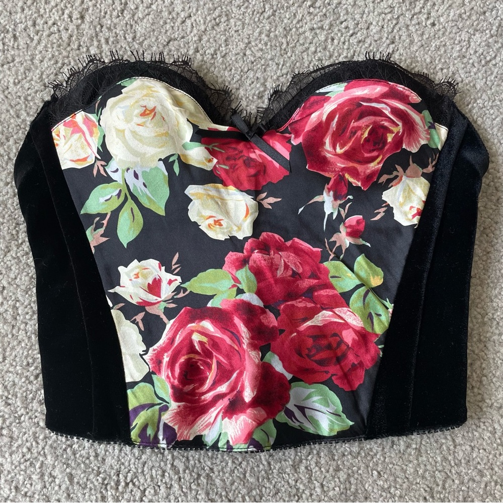 Y2K Victoria's Secret Silk and Velvet Black Floral Bustier